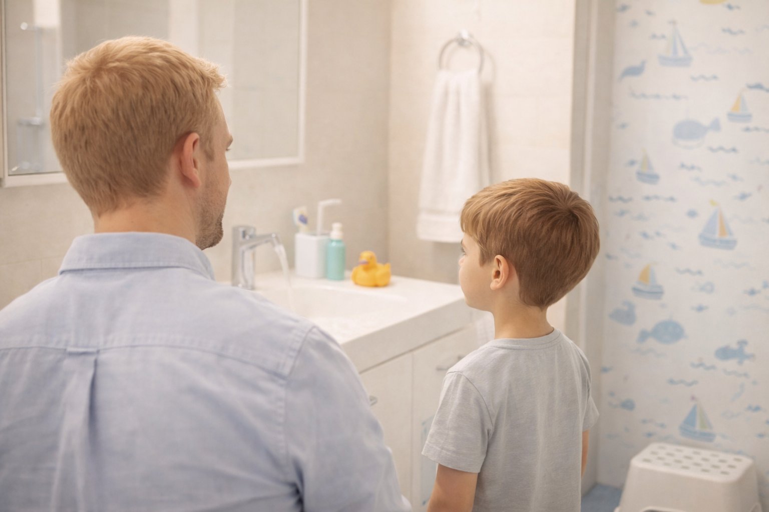 Checklist visual com os cuidados corretos de higiene íntima para meninos, incluindo banho, produtos e troca de roupa íntima